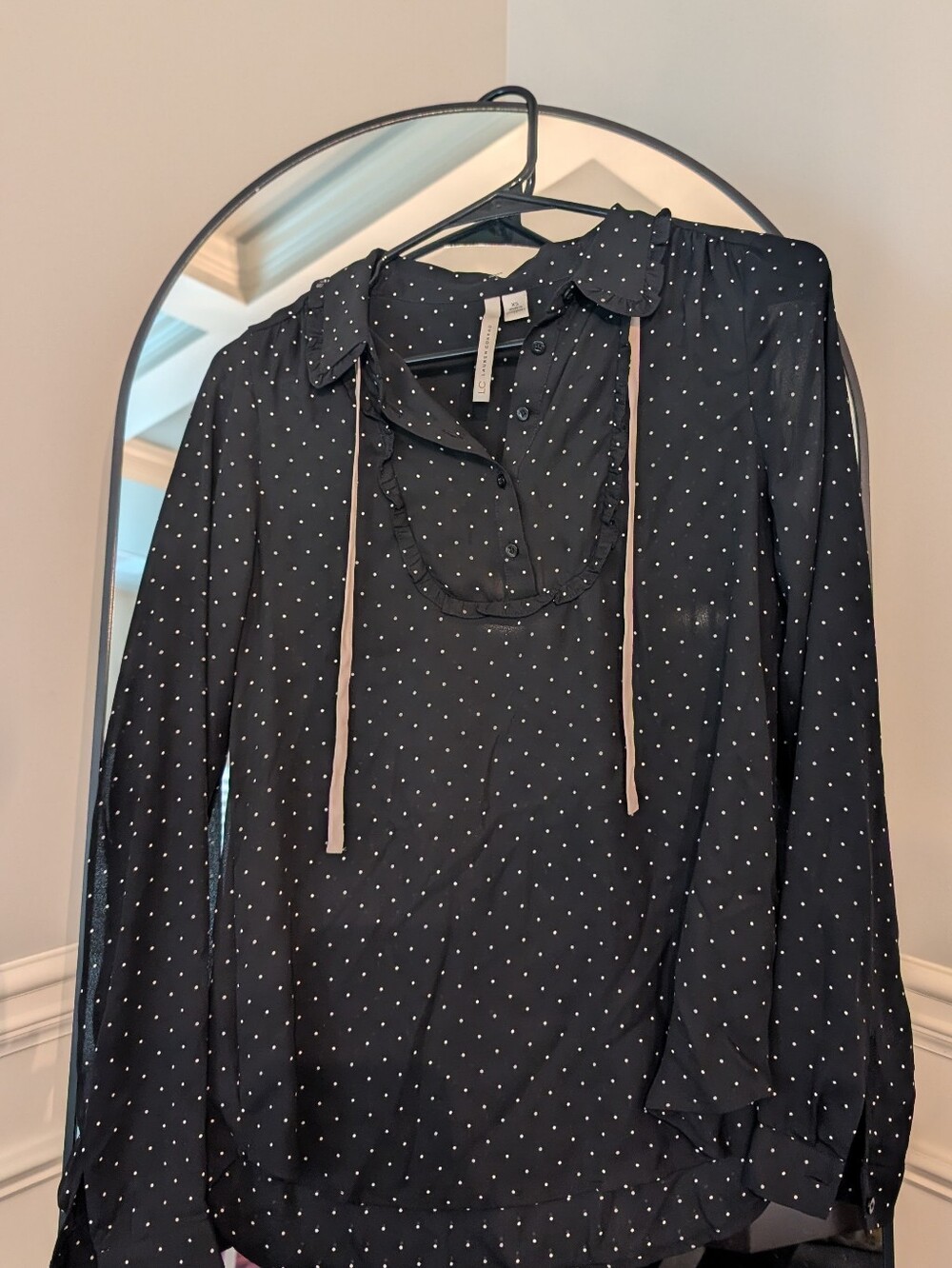 3/$16 LC Lauren Conrad Women's XS Black Blouse with White Polka Dots